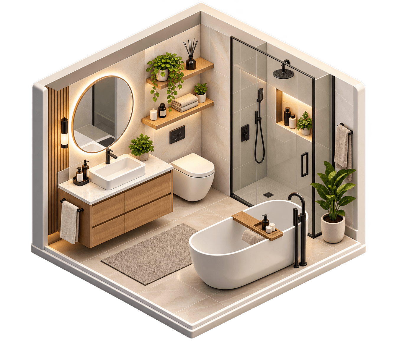Renovated bathroom with floor-to-ceiling tiling and a frameless glass shower screen