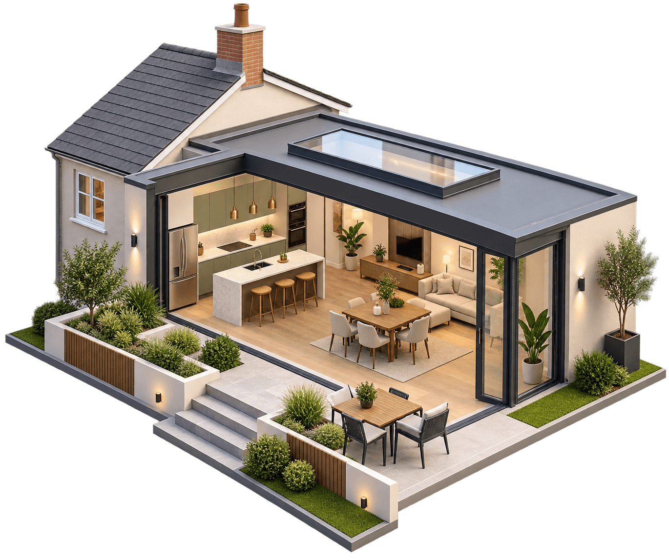 Rear home extension opening onto a garden, matched to the original brickwork